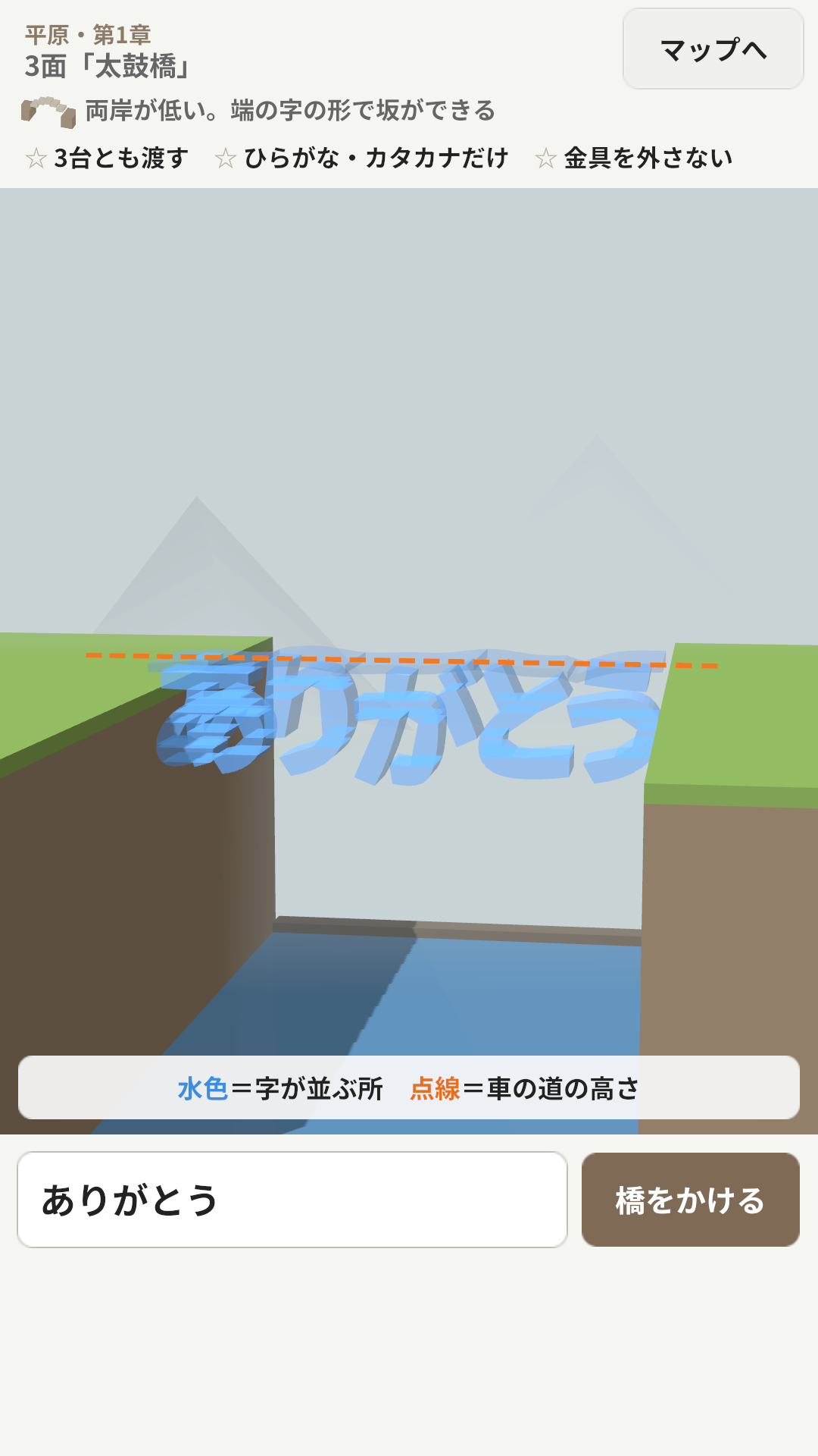 「ありがとう」で橋を作ることば橋の水位があるステージ