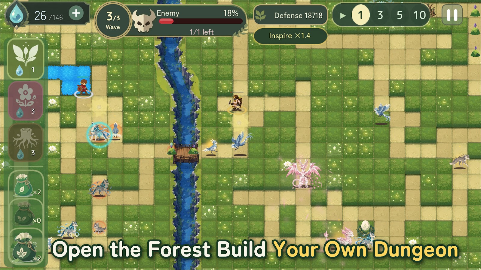 森に道をひらき仲間と侵入者を迎え撃つMorifisのゲーム画面